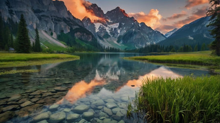 Beautiful mountain lake at sunrise