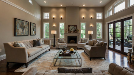 Luxury living room with beige leather sofas and fireplace