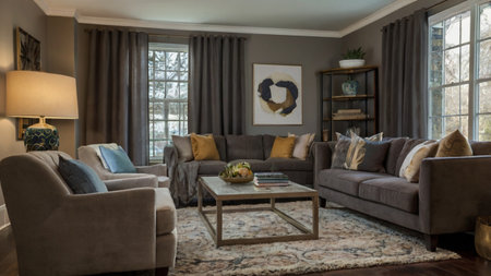 Living room interior with beige sofa, armchairs and coffee table