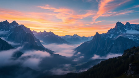 Mountain landscape with clouds at sunset.の写真素材