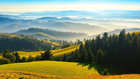 Foggy morning mountain landscape. Carpathian, Ukraine, Europe.