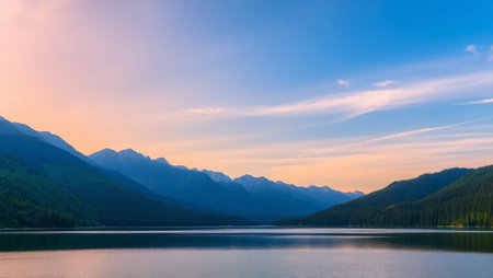 Mountain lake at sunset in the Canadian Rockies, Alberta, Canadaの写真素材