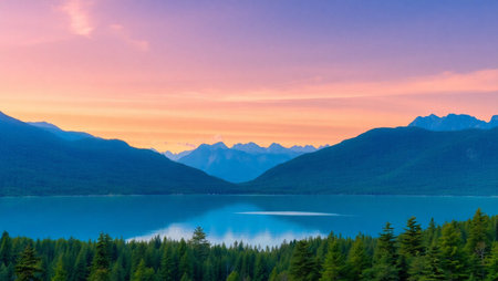 Sunset at lake with mountain background