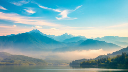 Mountain lake in the morning mist. Landscape with a view of the mountains
