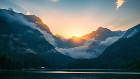 Sunset at the lake in the mountains of Bavaria, Germanyの写真素材