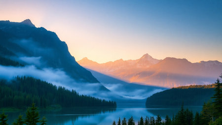 Mountain lake in the morning mist, Canadian Rockies, Alberta, Canada