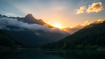 Sunset over the lake Obersee in Tyrol, Austria.