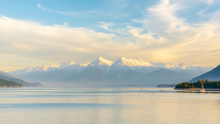 Panoramic view of the lake and mountains at sunset