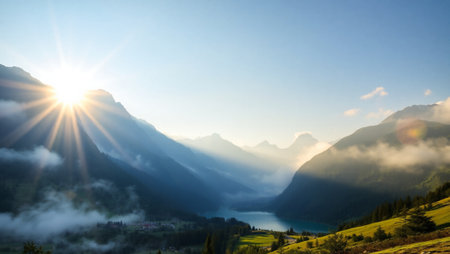 panoramic view of the alps and the lake in the morning