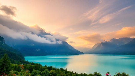 Panoramic view of Lake Lucerne at sunset, Switzerland