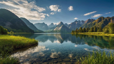 Panoramic view of a mountain lake in the Dolomites