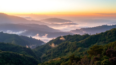 Sunrise over the mountains with fog in the morning, Chiang Mai, Thailand