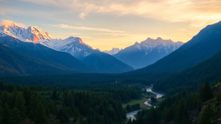 Sunset in the mountains of the Canadian Rockies. The concept of active and photo tourism