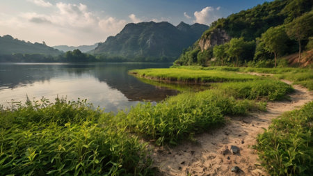 Beautiful landscape of river and mountains on the background. Panorama