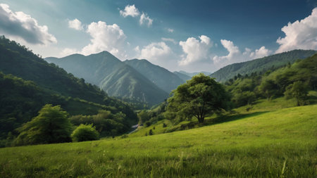 Mountain landscape with green meadow and blue sky with clouds.