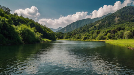 Landscape of the river and mountains on the background of blue sky