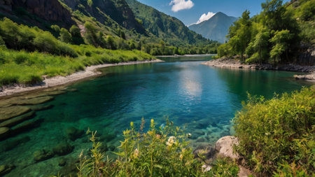Panoramic view of the mountain river in the Caucasus mountains.