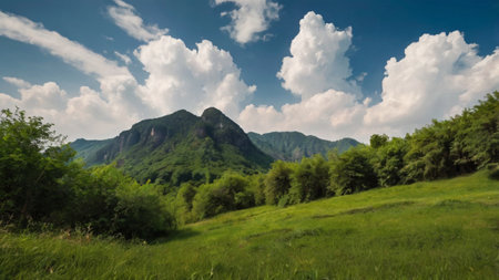 Mountain landscape with green meadow and blue sky with white clouds