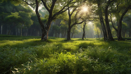 Sunset in the forest with green grass and trees
