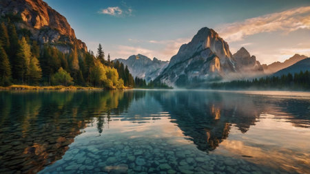 Fantastic sunrise over lake Lago di Braies, Dolomites, Italyの写真素材
