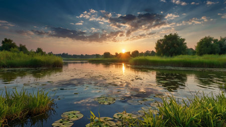 Sunset on the river in summer with clouds and water lilies