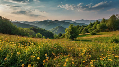 Mountain landscape with yellow flowers and blue sky. Panoramic image.