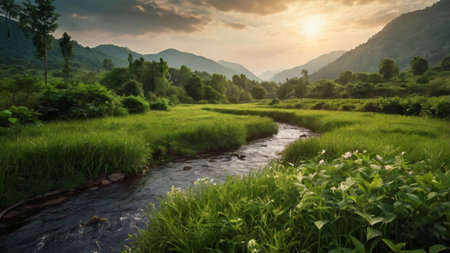 Beautiful landscape with a small river and mountains in the background.
