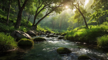Mountain stream in the forest with sunbeams and lens flare