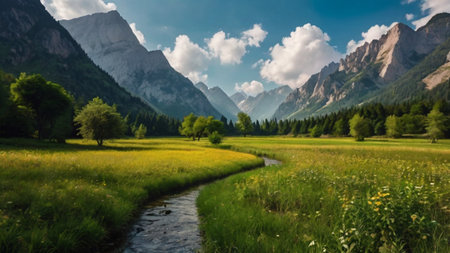 Panoramic view of idyllic alpine meadow in Dolomites, Italyの写真素材