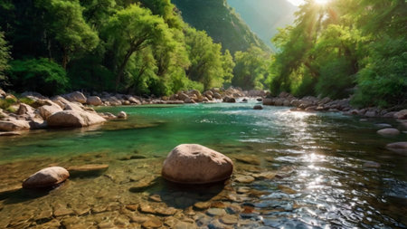 mountain river in the morning light. Beautiful landscape with a mountain river