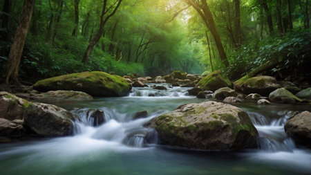 Waterfall in green forest. Nature background. Waterfall in the forest.