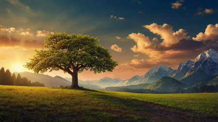 Beautiful summer landscape with a lonely tree and mountains in the background