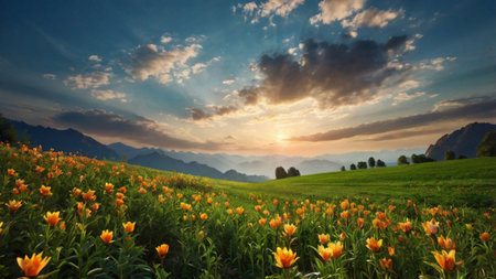 Sunset in the alpine meadow with yellow tulip flowers