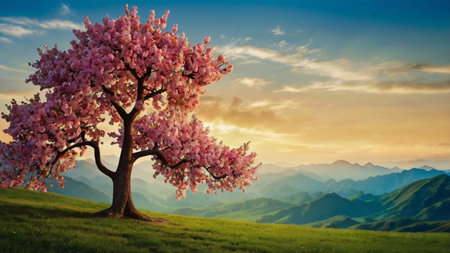Cherry blossom tree in the mountains at sunset. Spring landscape