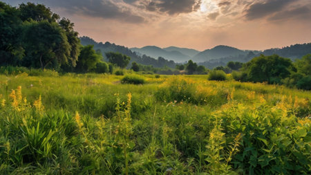 Sunset over a meadow in the mountains. Summer landscape.の写真素材