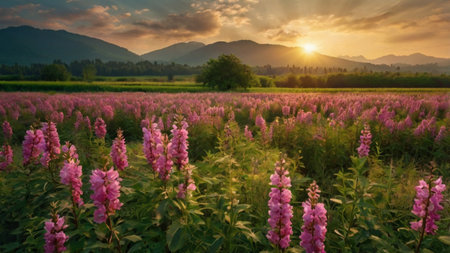 Sunset on the meadow with pink flowers and mountains in the backgroundの写真素材