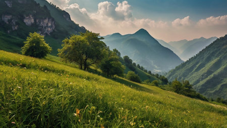 Mountain landscape with green grass and trees in the foreground. Carpathians, Ukraine