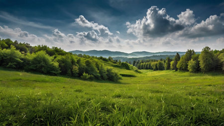 panoramic view of green meadow and blue sky with clouds