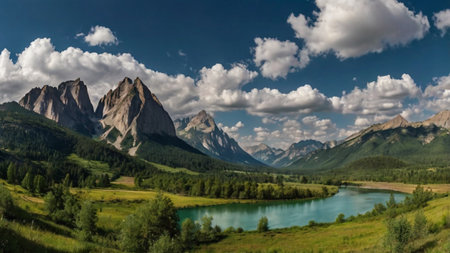 Panoramic view of Dolomites mountain lake, Italy.