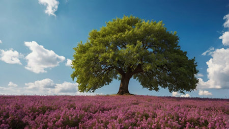 Beautiful landscape with blooming purple heather field and big tree