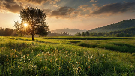 Lonely tree in the meadow at sunset. Beautiful landscape.