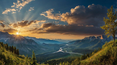 Sunset in the Dolomites, Italy. Beautiful panoramic view