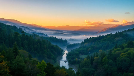 Sunrise over the river in the Carpathian mountains, Ukraineの写真素材