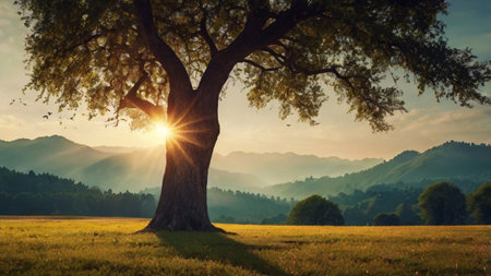 Beautiful summer landscape with big tree on meadow in mountains.