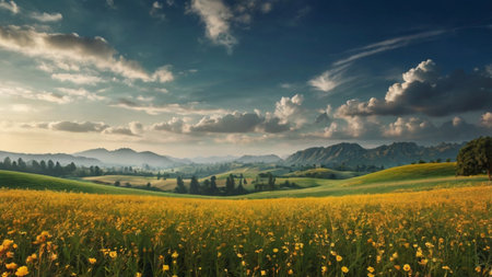 panoramic view of meadow with sunflowers and mountains