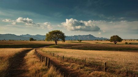 Country road in the middle of a field with trees and mountains in the background