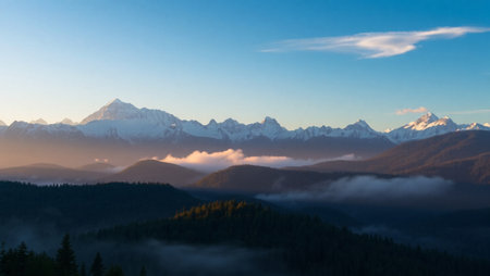 Mountains in the fog at sunrise. Panoramic view.