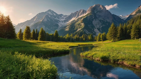Panoramic view of alpine meadow with river and high mountains