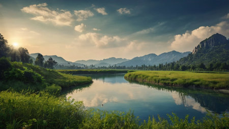 Landscape view of river and mountain in the morning, Thailand.