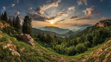 Panoramic view of the mountains at sunset, Carpathians, Ukraine